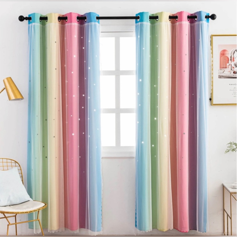 Rainbow Curtains With Colorful Star Cut-Out And Room Darkening - Picture 3 of 10